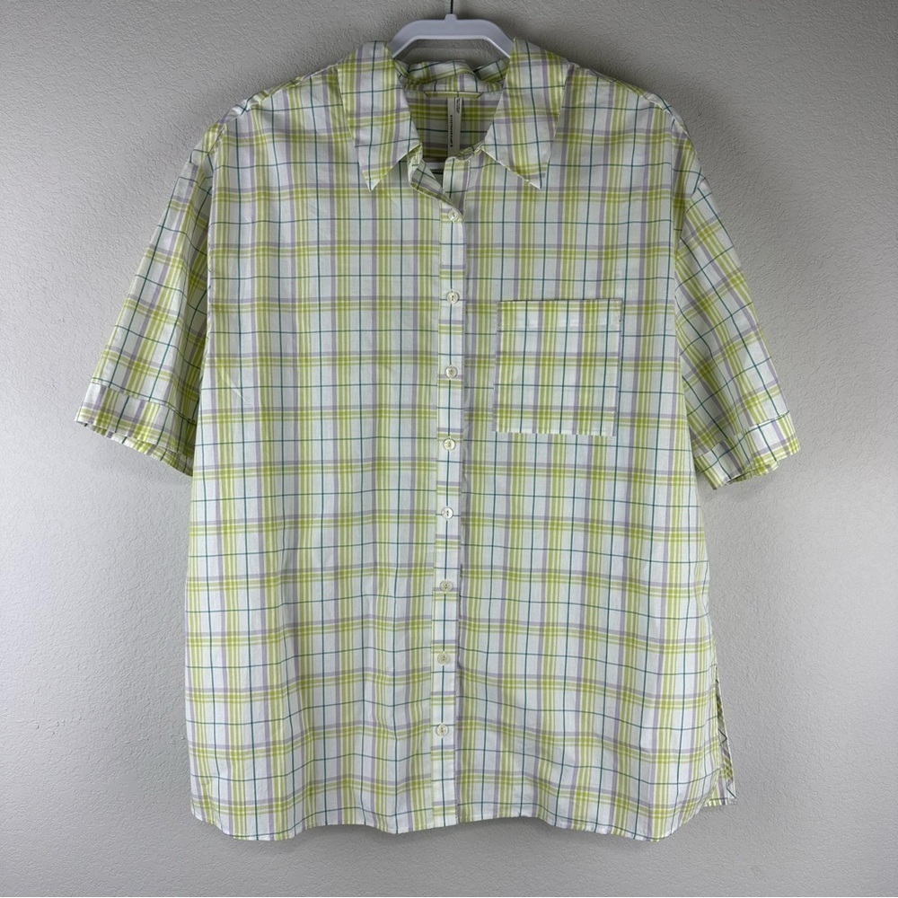 NEW Anthropologie White Green Purple Plaid Boyfriend Button Up Shirt Size Medium